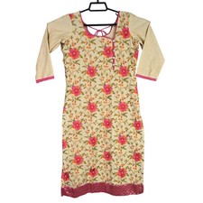 Womens Floral Embroidered Beige Kurta With Pink Trim 3/4 Sleeves Size S