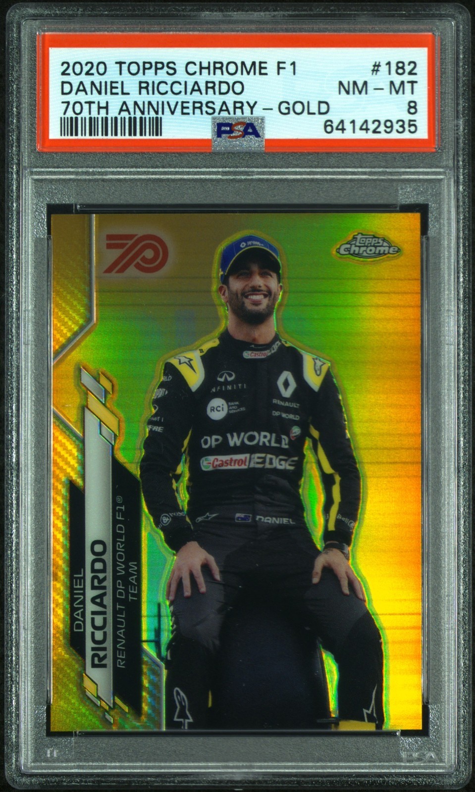 2020 Topps Chrome Formula 1 Daniel Ricciardo #182 70th Anniversary Gold PSA 8 view 1
