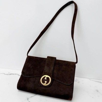 GUCCI Interlocking One Shoulder Bag Suede Leather Brown Gold Hardware Logo