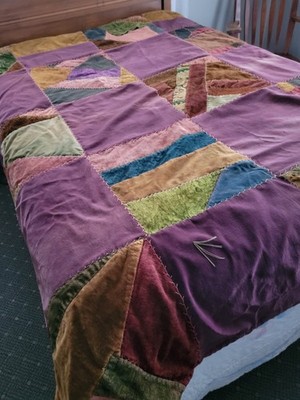 Antique Vintage Embroidered Velvet Patchwork Crazy Quilt Topper 65''×79''