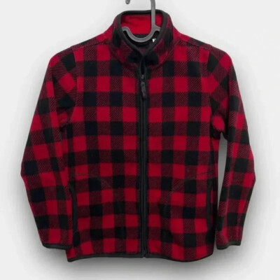 UNIQLO Kids Fleece Jacket 7-8 Red Black Plaid Full Zip Mock Neck Long Sleeve
