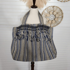 Massimo Dutti Blue & Tan Woven Large Tote Bag With Fringe