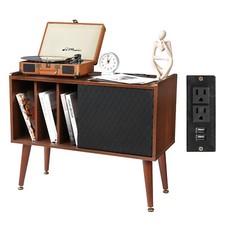 Record Player Stand w/Charging Station  Sliding Door for Living Room Brown