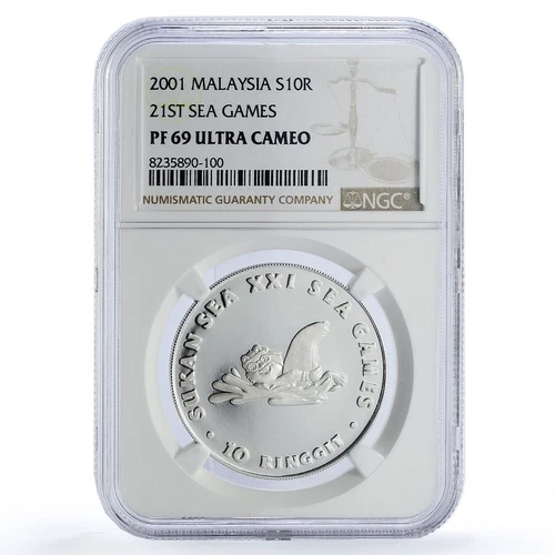 Malaysia 10 ringgit 21th Sukan Sea Games Sports PF69 NGC silver coin 2001