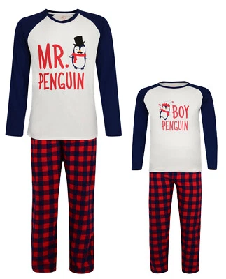 MENS BOYS PYJAMAS DADDY AND SON PENGUIN THEME PJ SETS EX STORE 2Y - 3XL NEW