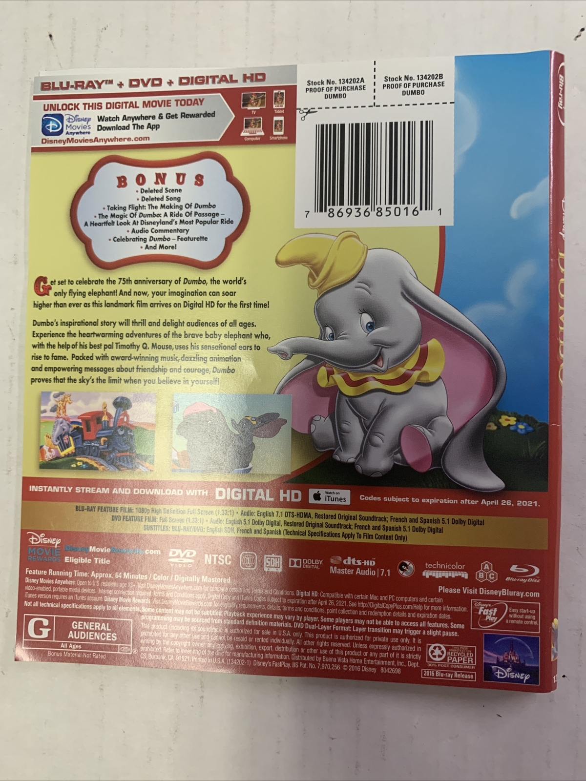 Disney Dumbo Blu Ray Dvd Digital Hd 75th Anniversary Edition For Sale Online Ebay