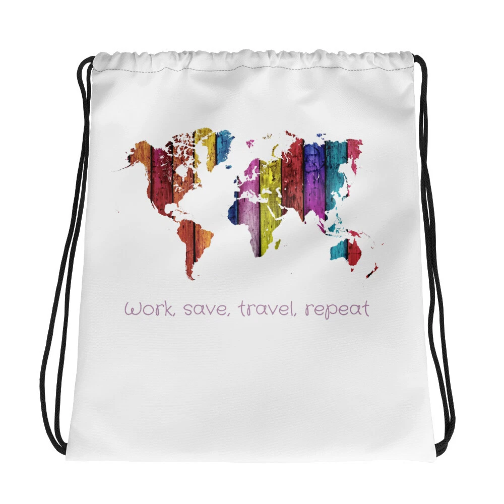 Drawstring bag - World Map - Work, save, travel, repeat