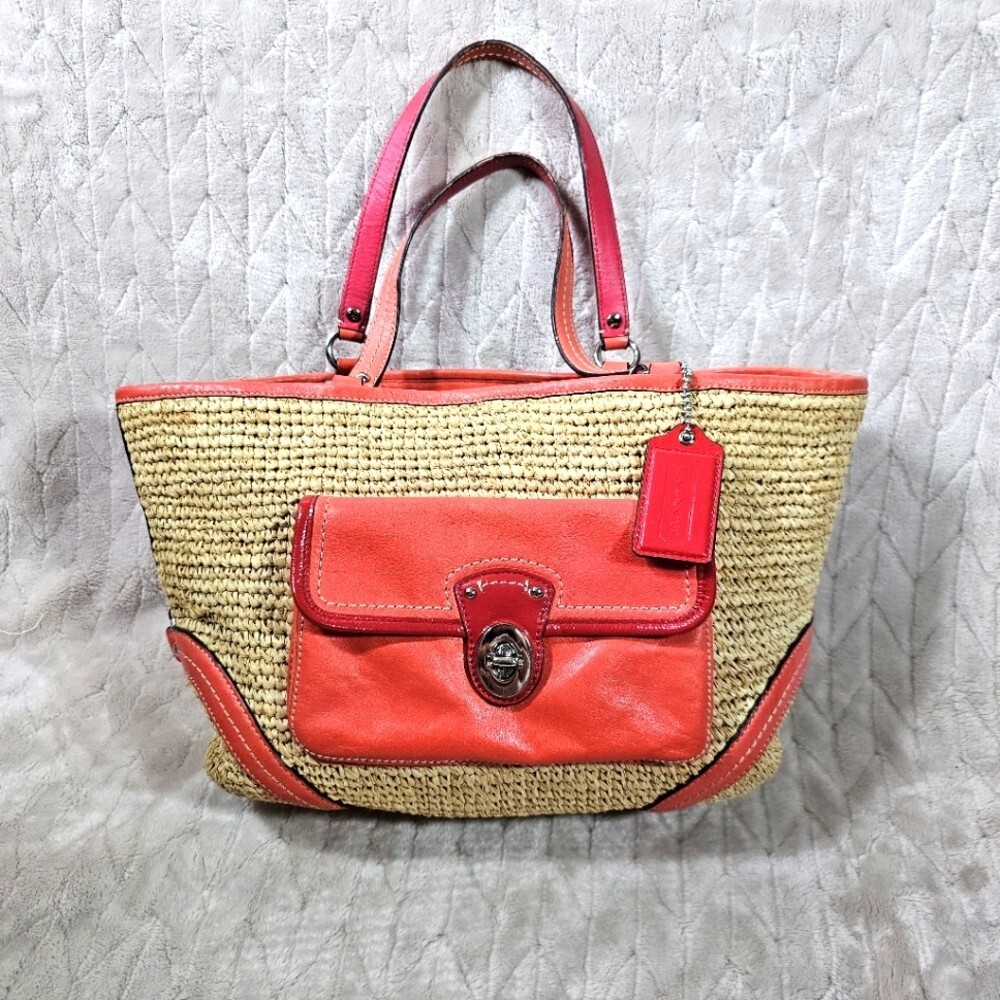 Coach Straw Pocket Color Block Tote Wicker Shoulder Bag Peach Leather Preppy