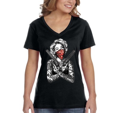 XtraFly Apparel Women's Marilyn Monroe Guns Bandana Skull Tattoos V-neck T-shirt