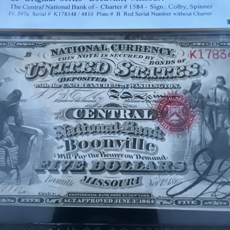 Original Series $5 National Bank Note Fr#397a. Boonville , Missouri - Image 3 of 4