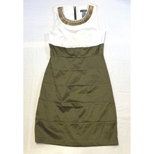 Bisou Bisou Michele Bohbot  Sheath Dress Embellished Olive Green White SZ 6