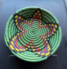 Handmade African Multicolor Woven Coiled Basket Green Red Yellow Black Purple