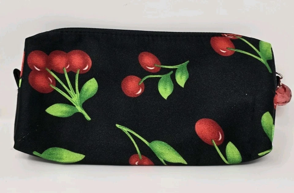 Soho Black Cosmetic Bag with Red Cherry Print – Zipper Pouch Makeup Case - Image 4 of 4