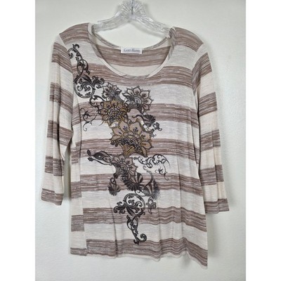 Katie's Kloset Top Womens Medium Floral Embellished Casual 3/4 Sleeve Striped