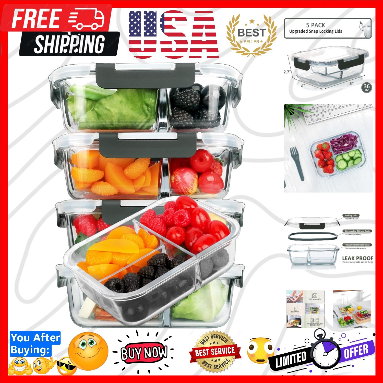 5-Pack, 36 oz] Glass Meal Prep Containers 3 Compartment with Lids, Glass Lunc...