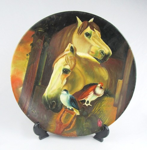 Vintage Hand Painted Porcelain Horses in Stable with Pigeons 14" Charger Plate