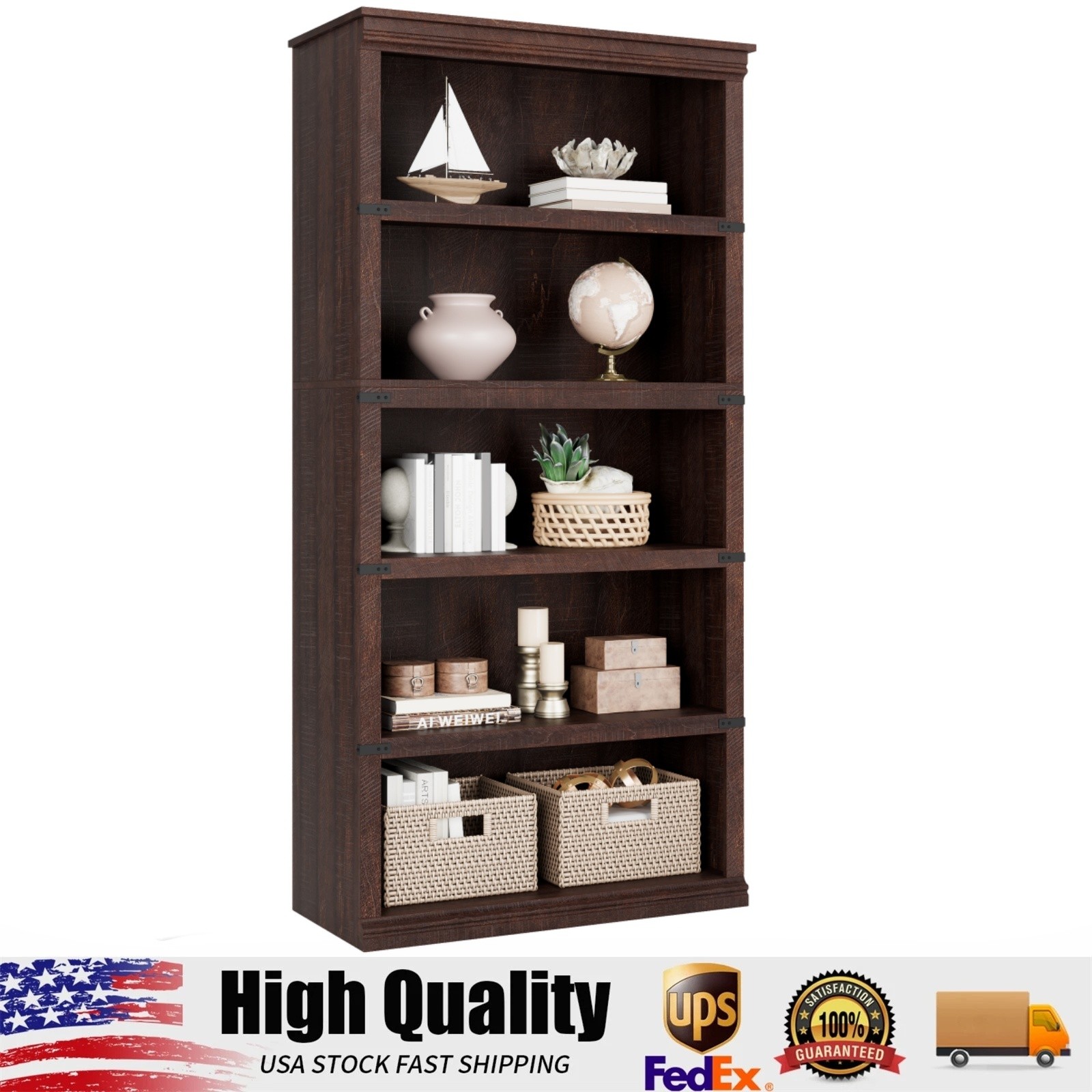 5 Tier Farmhouse Bookcase, 67" Tall Book Shelf with Storage Open Display Shelves