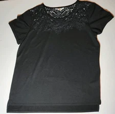 C Wonder Women's Sz L Black Amara Burnout Short Sleeve Mesh Detail Neckline Tee 