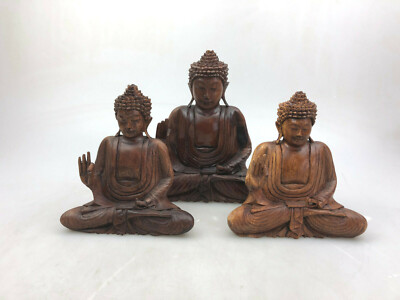 3x Buddha Lehrgeste sitzend Rotbraun Suar Holz Höhe 2x 20cm + 1x 23cm Meditation