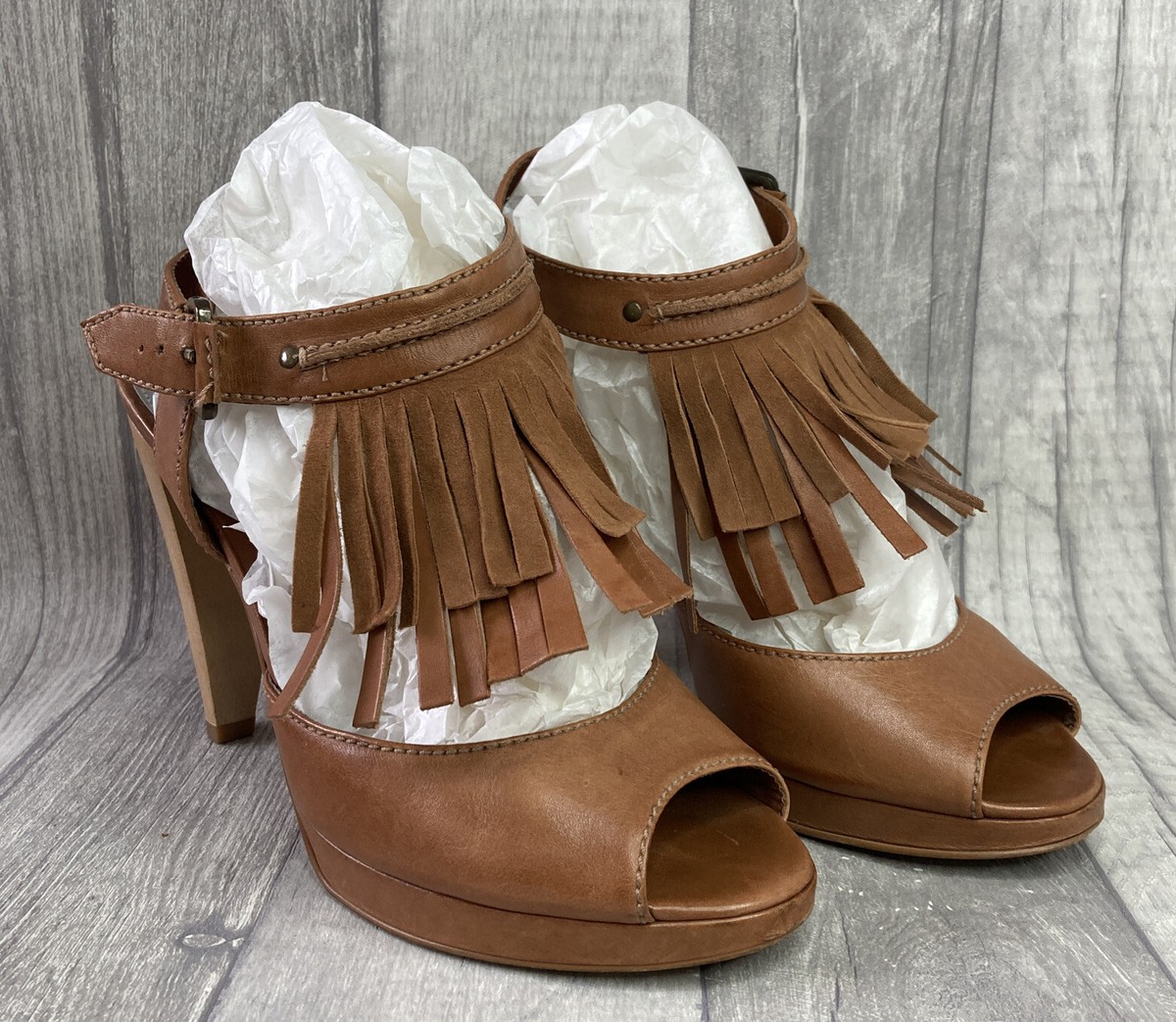 French Connection Shoes Leather Tan Ankle Strap Fringe Platform Size