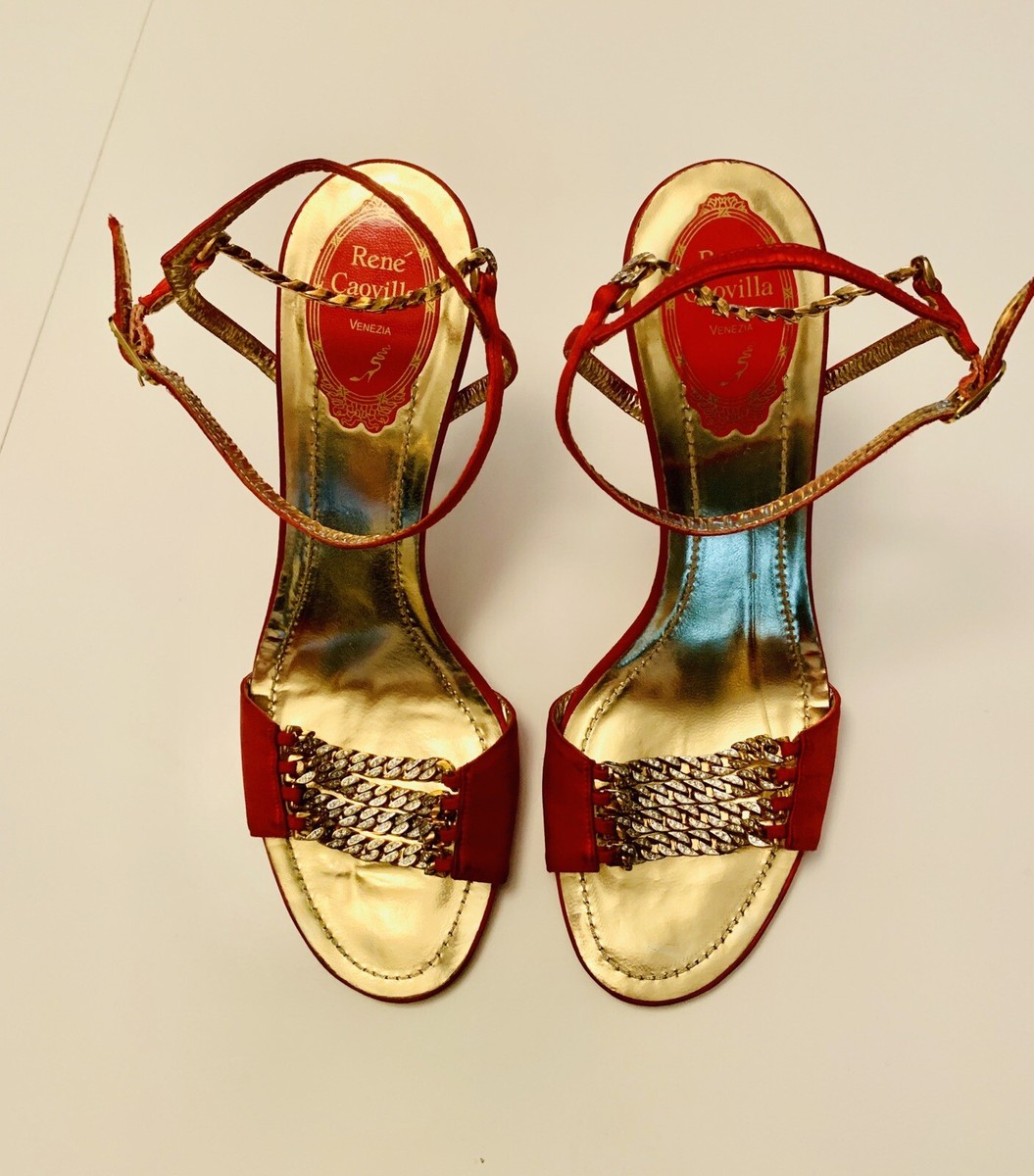 Rene Caovilla Red Chain With Crystal High Heel Sandals Shoes Size 38