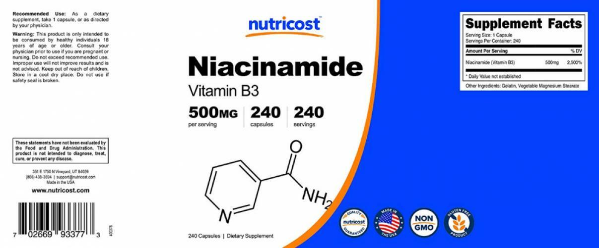 Nutricost Niacinamide (Vitamin B3) 500mg, 240 Capsules NonGMO, 1