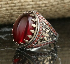 Red Zircon Oval Stone Solid 925 Sterling Silver Men's Ring