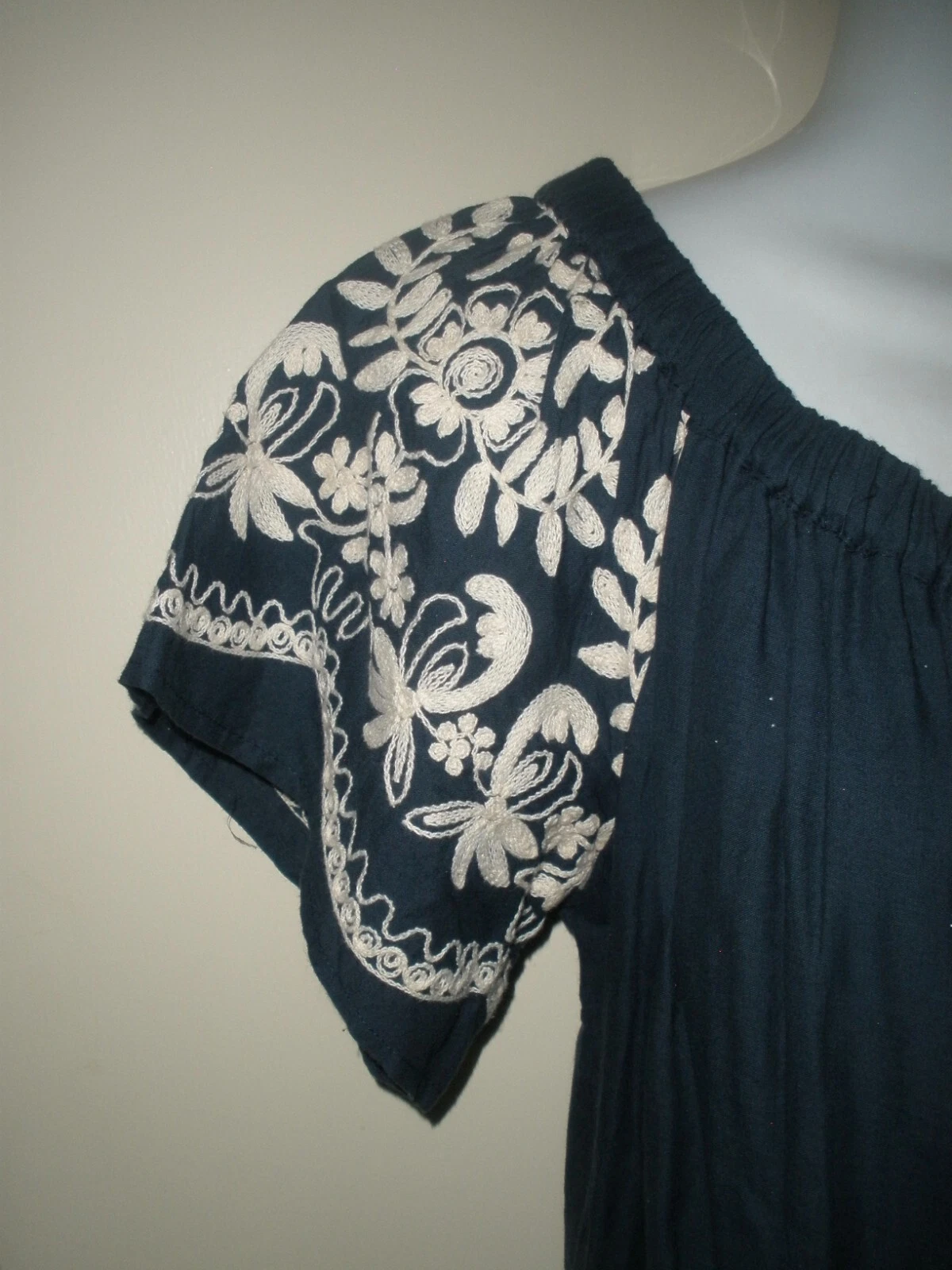 VETEMENTS #668 Abito Kori America spalle scoperte M blu navy ricamato floreale boho contadino