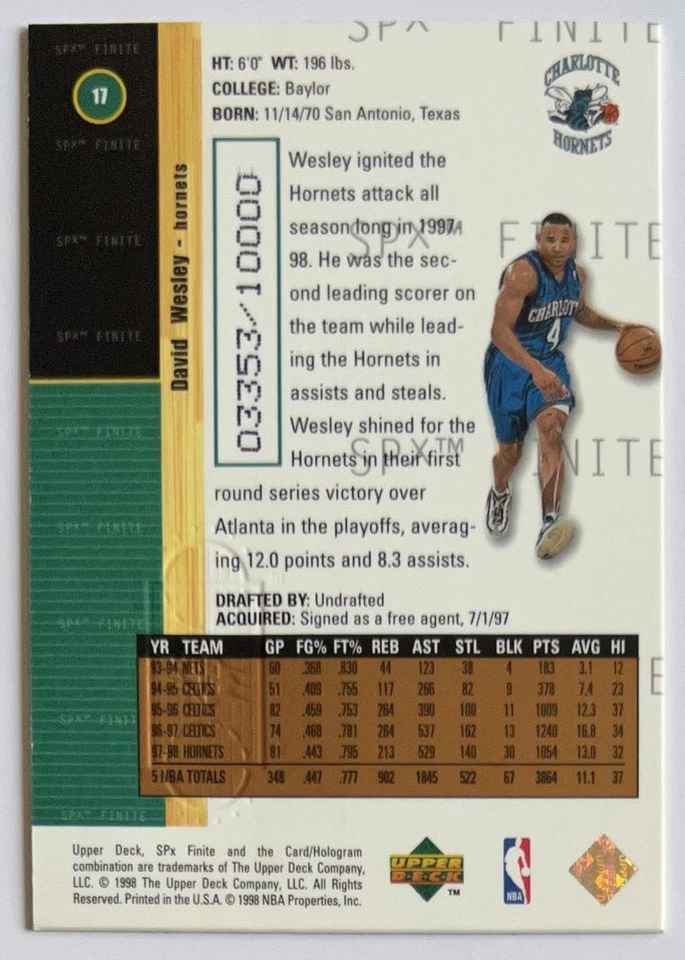 1998-99 Upper Deck SPx Finite David Wesley /10000 Charlotte Hornets #17 - Image 2 of 2