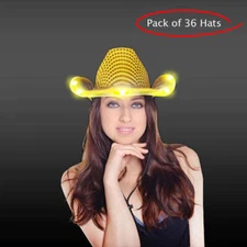 Cowboy Hat Light Up Gold Flashing LED Brim Fun Light Up Hat - Pack of 36