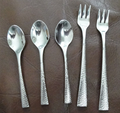 REED & BARTON HOLLIS-KIMBALL STAINLESS DEMITASSE SPOONS & SEAFOOD FORKS LOT 5PC