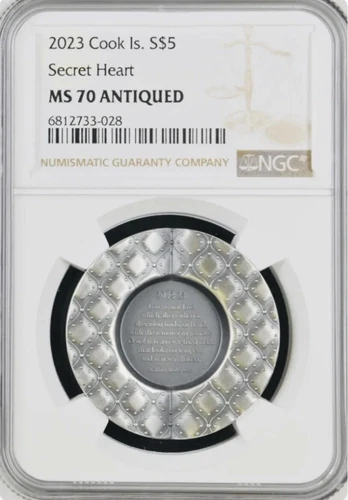 2023 Secret Heart .999 Silver Antiqued Cook Islands $5 1oz NGC MS70 Mintage 2023
