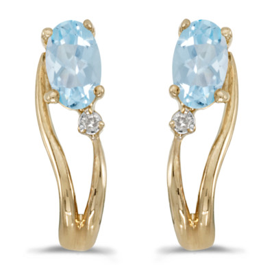 14k Yellow Gold Oval Aquamarine And Diamond Wave Earrings