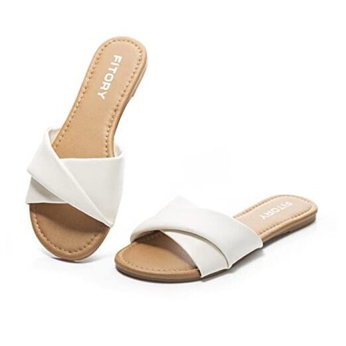 Women's Flat Sandals Fashion Slides With Soft Leather Slippers for 8 White
