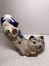 Vintage Hand Crafted Tonala Stretching Cat Folk Art Pottery Figurine Not Signed