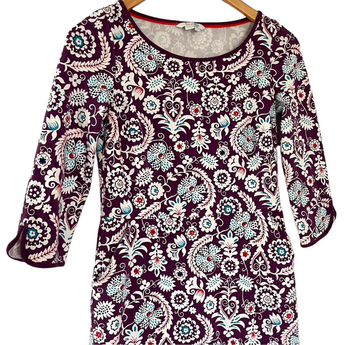 boden jessie jersey dress Boden Jessie Jersey Day Dress Size 4 Purple Paisley Floral Sheath 3/4 Sleeve