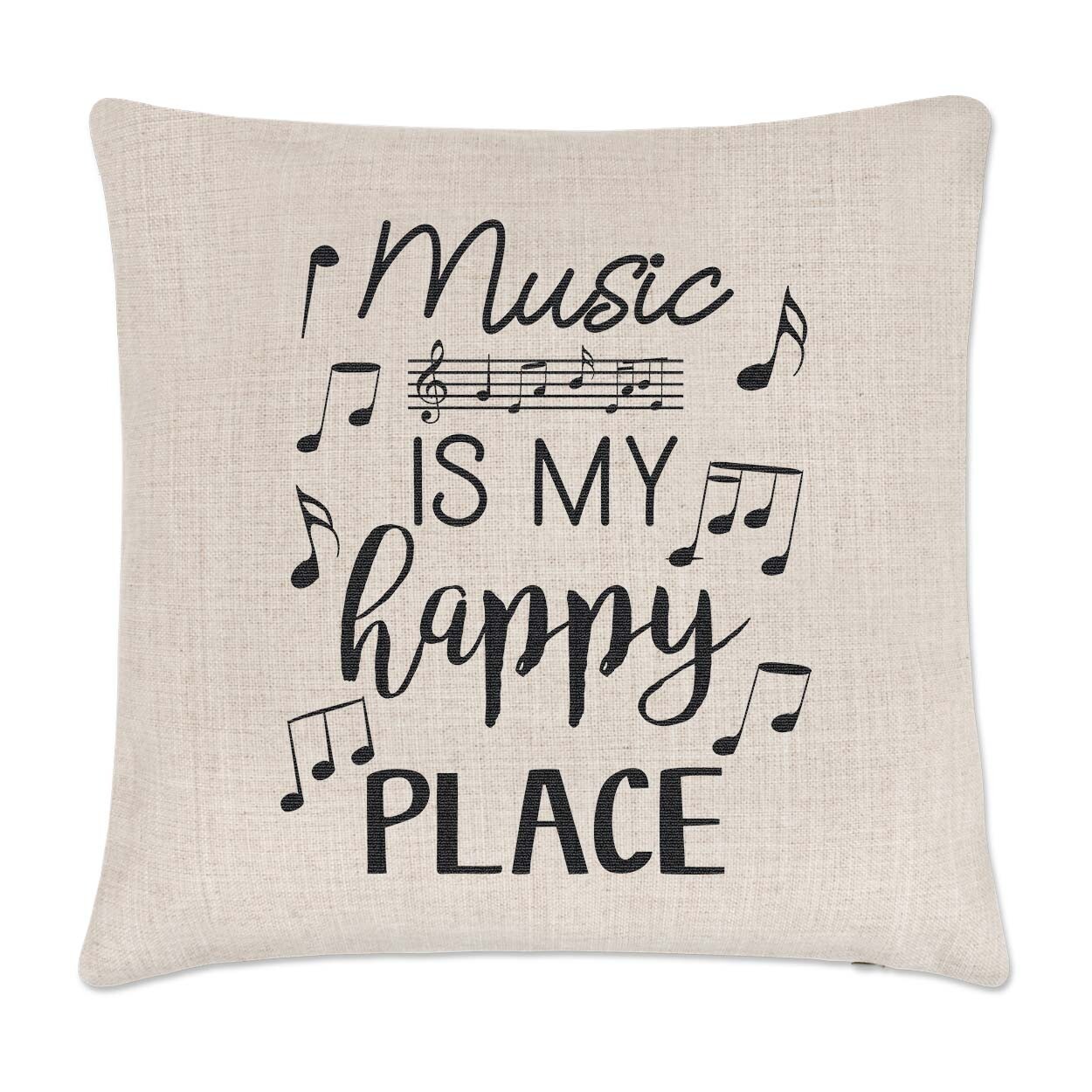 Music Is My Happy Place Cushion Cover Pillow Rock Festival Musician Piano Guitar