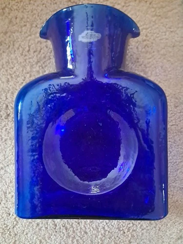 MCM Blenko Art Glass Water Jug Cobalt Blue Bottle Carafe Vase with Double Spout