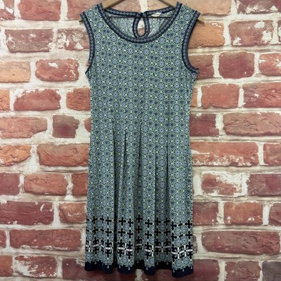 Max Studio Dress Womens L Blue Multicolor Boho Floral Casual Pleated Sundress