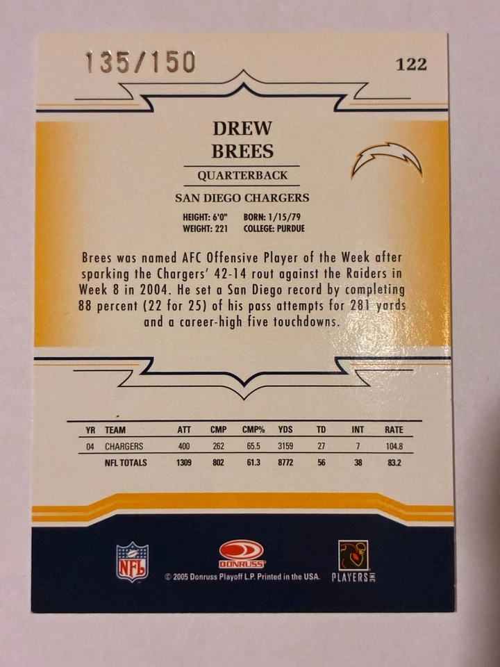 2005 Donruss Throwback Threads Drew Brees Silver Holofoil SSP #135/150 - Image 2 of 2