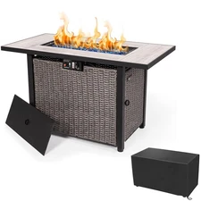 42 Inch Propane Fire Pit Table with Cover, 50,000 BTU Hand-Woven Rattan Outdoor