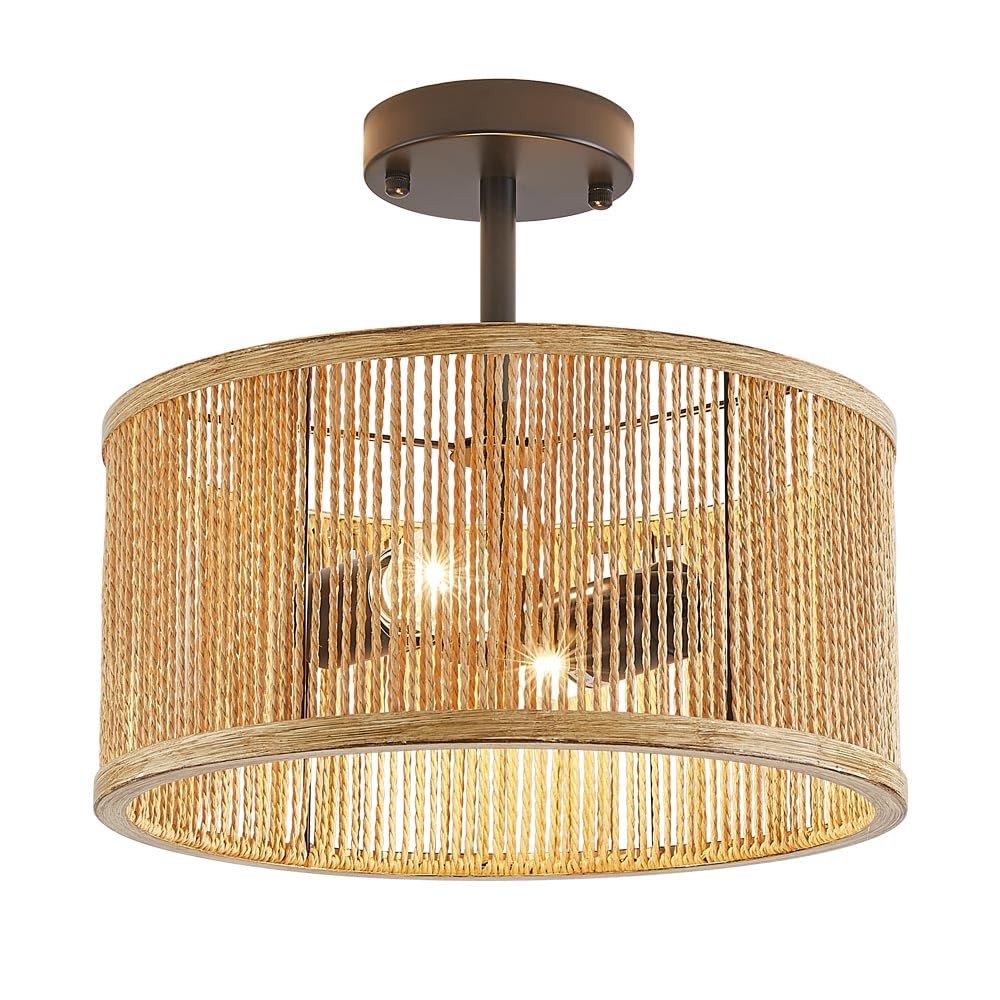 Rattan 2-Light Semi Flush Mount Farmhouse Boho Rustic Ceiling Fixture