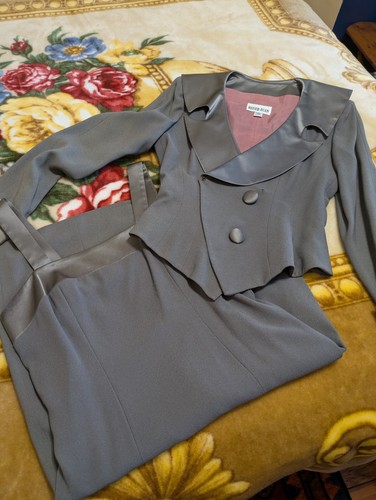 90s Heiser Egan silver dress & fitted jacket set-satin trim-evening-size 6-USA