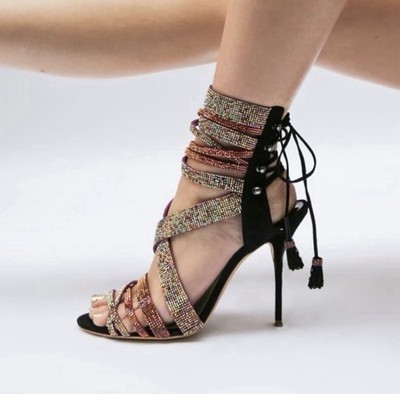 Sophia Webster Adeline Dreamy Crystal Black Pink Sandal High Bootie SzUS10/40