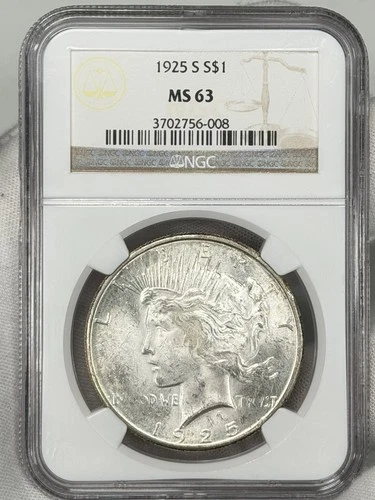 1925-S $1 Peace Dollar NGC MS63 90% Silver San Francisco One US Coin BETTER DATE