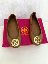 Tory Burch Women's 7.5 Brown Leather Ballet Flats Slip On Round Toe Logo