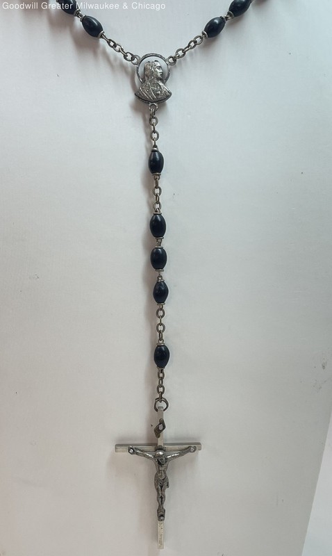 Silver Tone Black Beaded Rosary 23.7g