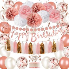 Rose Gold and Pink Birthday Party Decorations Set with Happy Birthday Banner,...