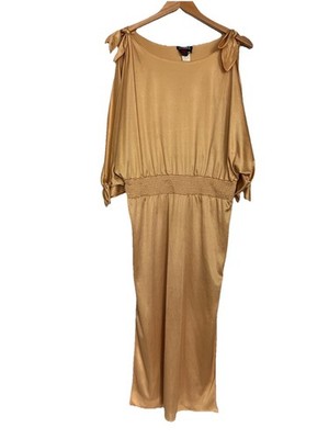 Vtg 70s Climax David Howard Midi Dress Gold Draped Side Slit 5/6 Open Tie Sleeve
