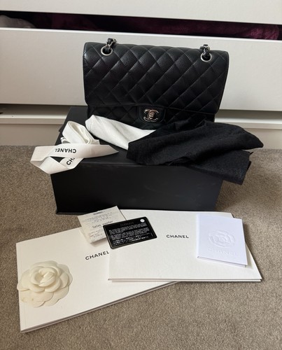 CHANEL Classic Double Flap Bag Medium Black Caviar Silver Hardware Receipt etc 